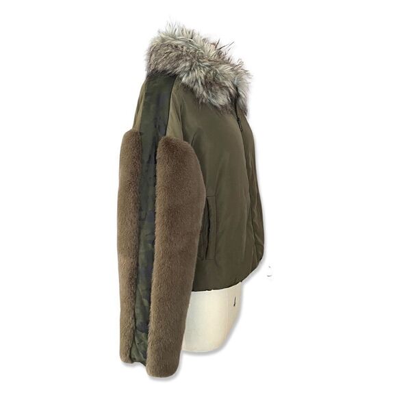 Adrienne Landau olive green faux fur nylon hooded army bomber jacket winter M - Picture 5 of 9